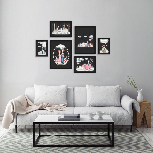 Çocuk Odası Siyah Çizimler Çerçeveli Poster Seti