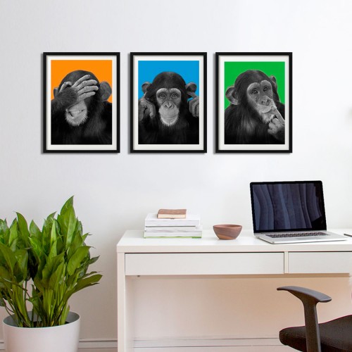 Üç Maymun Renkli Fon Çerçeveli Poster Seti