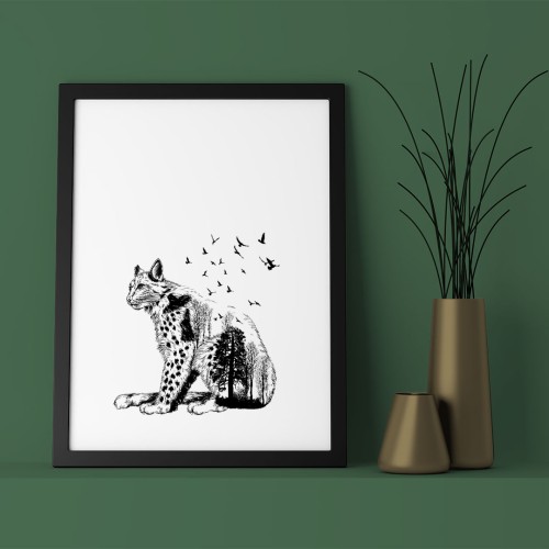 Vahşi Kedi Siyah Beyaz Çerçeveli Poster