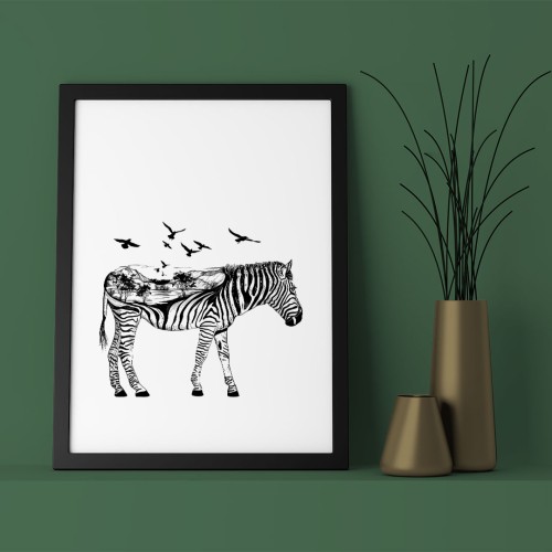 İllistrasyon Zebra ve Kuşlar Çerçeveli Poster