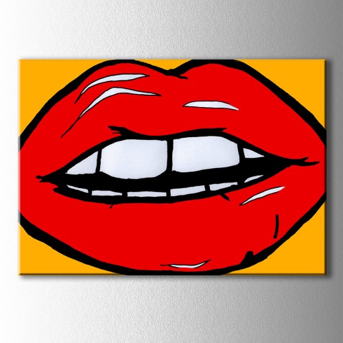 Popart Turuncu Fon Kırmızı Dudak Kanvas Tablo