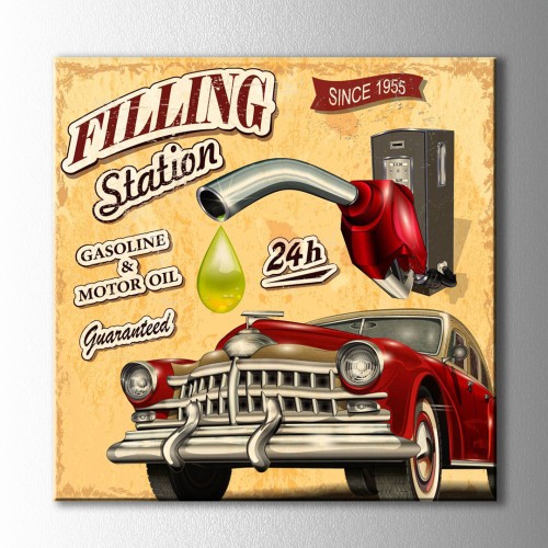 Vintage Filling Station Kare Kanvas Tablo