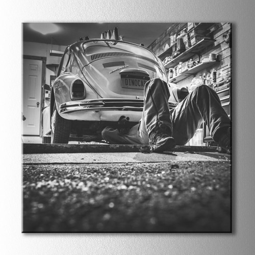 Retro Beetle Siyah Beyaz Kare Kanvas Tablo