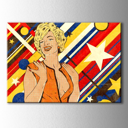 Popart Yıldızlı Fon Sarışın Kadın Kanvas Tablo
