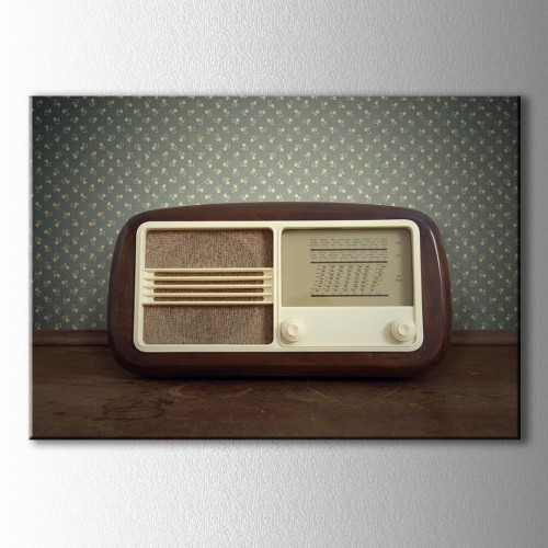 Retro Yeşil  Duvar Önü Ahşap Radyo Kanvas Tablo
