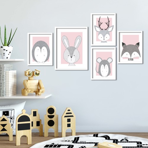 İkon Hayvanlar Pembe Çerçeveli Poster Seti