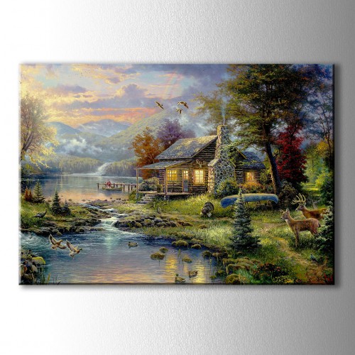 Göl Evi Yağlı Boya Görünümlü Kanvas Tablo