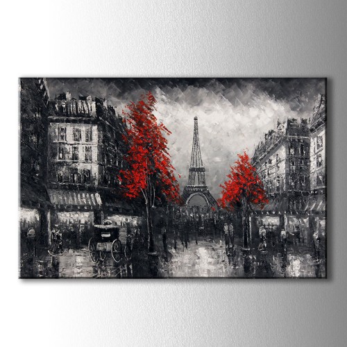 Kırmızı Ağaç Paris Yağlıboya Görünümlü Kanvas Tablo