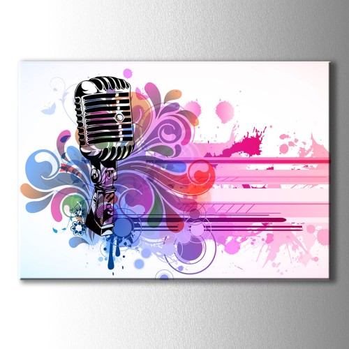 Renkli Zeminde Mikrofon Kanvas Tablo