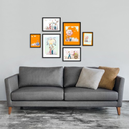 Turuncu Mutlu Çift Çizim Çerçeveli Poster Seti