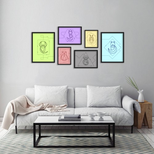 Renkli Fon İkon Hayvanlar Çerçeveli Poster Seti