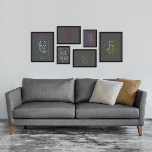 Gri Fon İkon Hayvanlar Çerçeveli Poster Seti