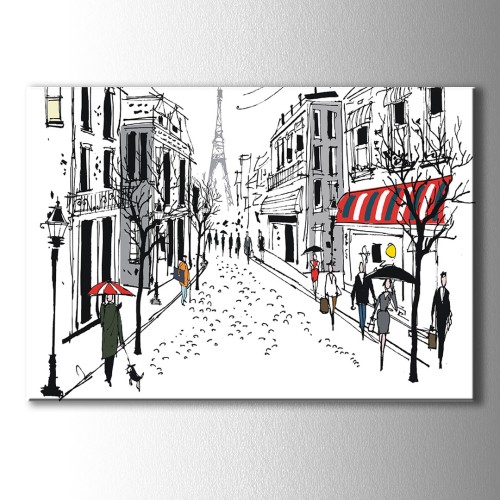 Şemsiyeli İnsanlar Çizim Paris Kanvas Tablo